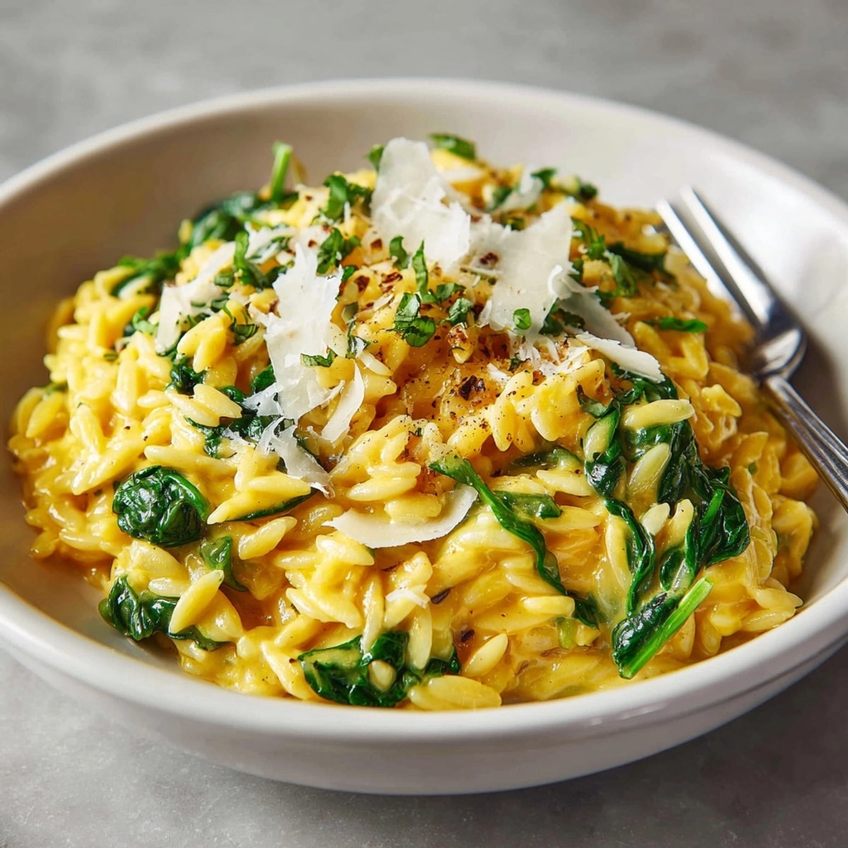 Warm One-Pot Pumpkin Parmesan Orzo with creamy sauce and wilted spinach, ready to eat.