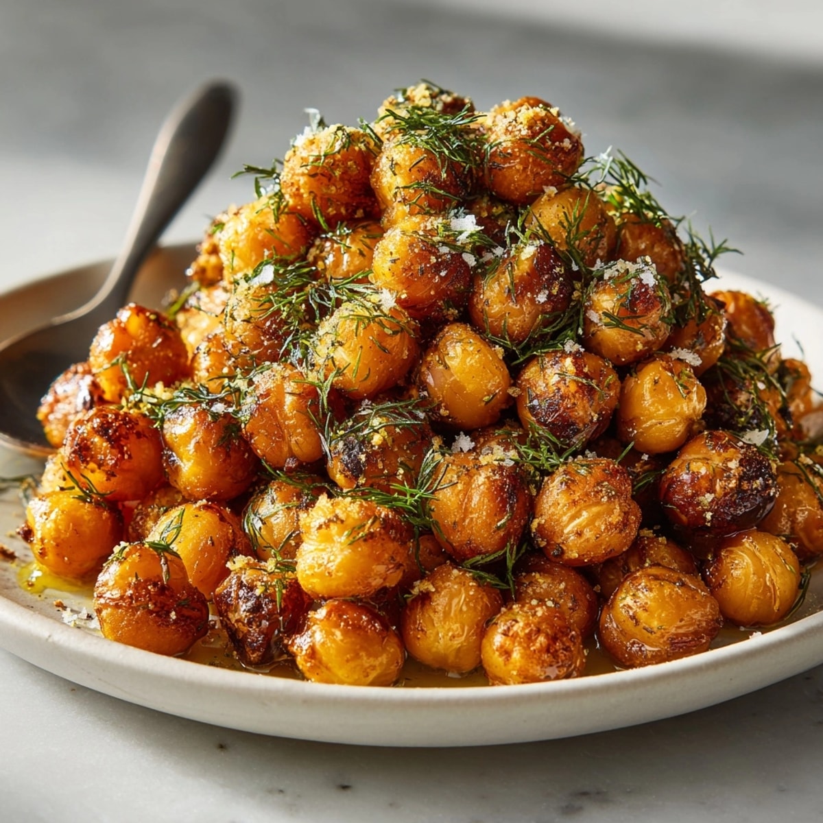 A bowl of vibrant Dill Pickle Dust Roasted Chickpeas - a crunchy, savory, and satisfying snack.