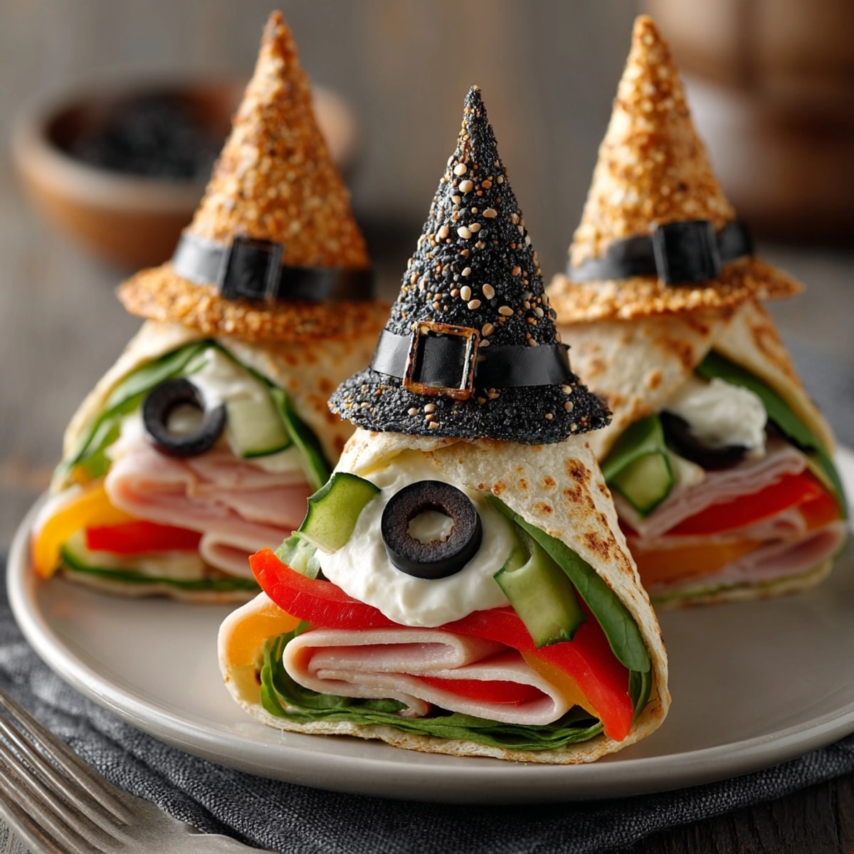 Close-up of spooky Halloween Witch Hat Tortilla Wraps filled with savory fillings; ready to be enjoyed!