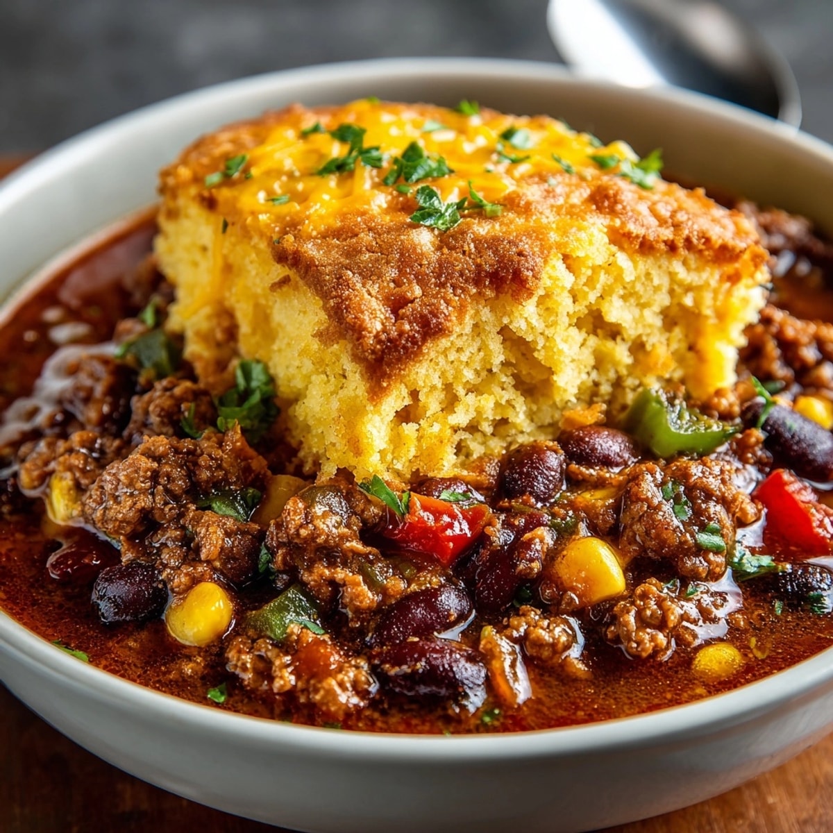 Steaming bowl of taco soup with golden cornbread topping, ready for a cozy meal.
