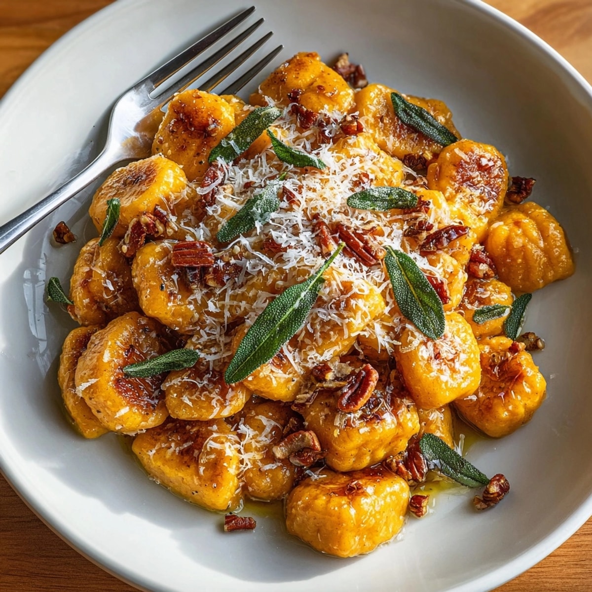 Golden brown Sweet Potato Gnocchi glistening with browned butter and crunchy candied pecans.
