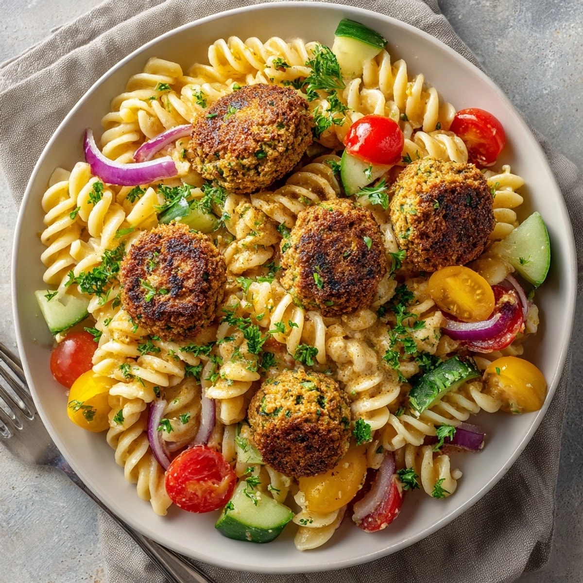 A close-up of the delicious spiral falafel pasta, highlighting the vibrant cherry tomatoes and fresh herbs.