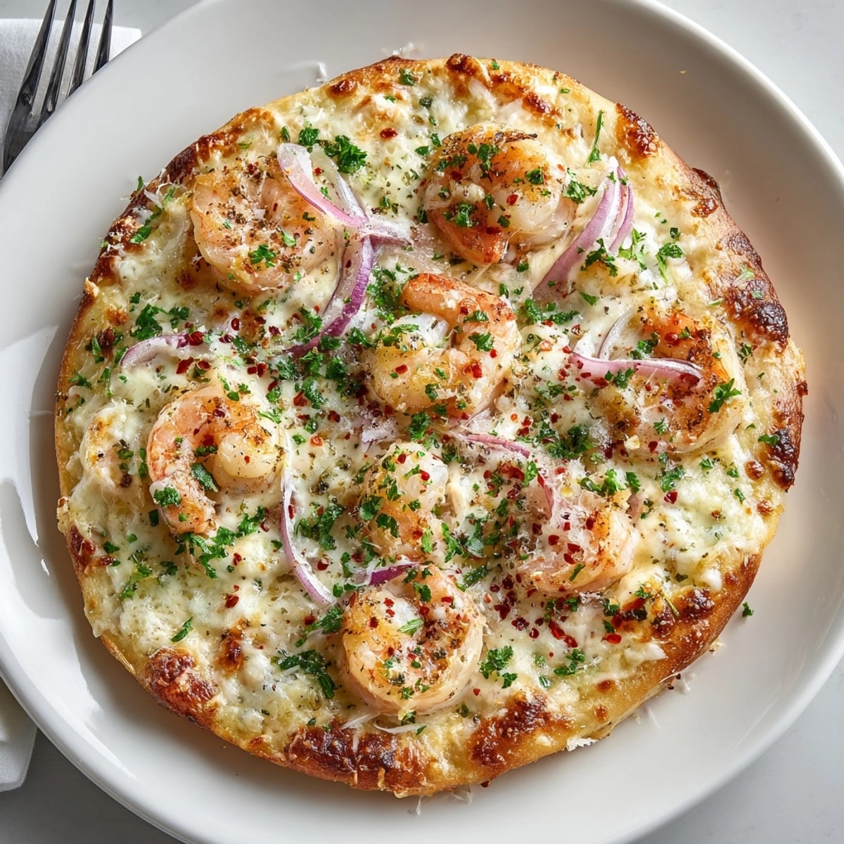 Shrimp Alfredo Pizza sliced fresh out of the oven, garnished with parsley and savory red onions.