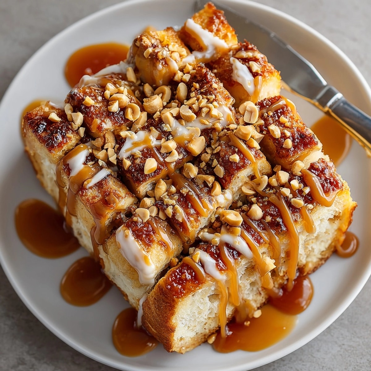 Freshly baked Peanut Butter Caramel Pull-Apart Bread glistening with gooey caramel drizzle and chopped peanuts