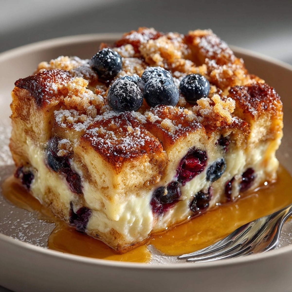Scooping a portion of Blueberry French Toast Bake, a warm, fruity, custard dessert.