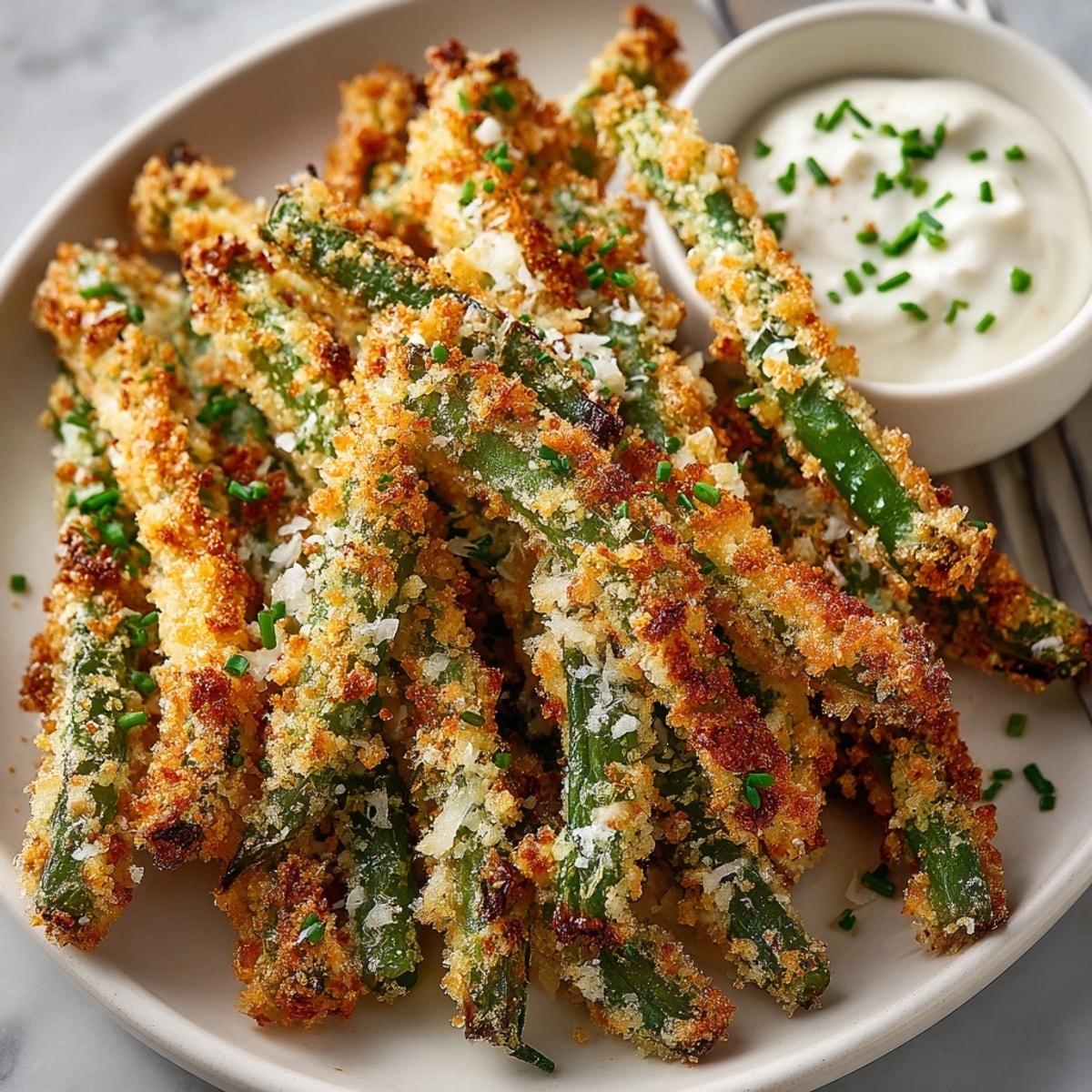 Golden Air Fryer Green Bean Fries with Dip: crunchy panko coating, ready for snacking.