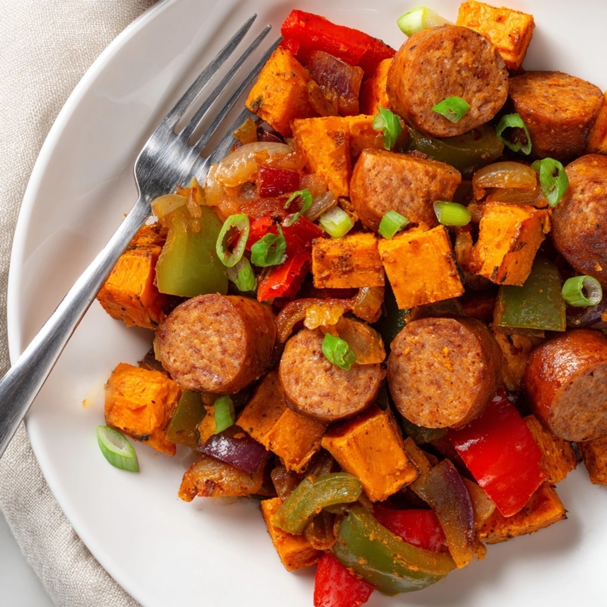 Golden-brown Cajun Sausage Sweet Potato Hash, speckled with colorful peppers and herbs, ready to serve.