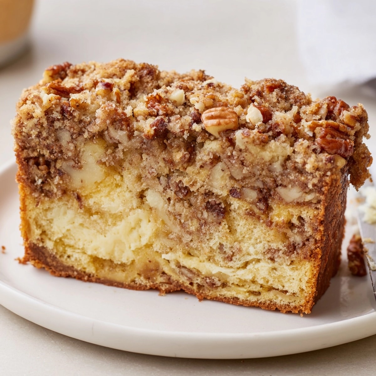 Close-up of golden-brown Ricotta Pecan Streusel Bread, fresh from the oven, ready to slice.
