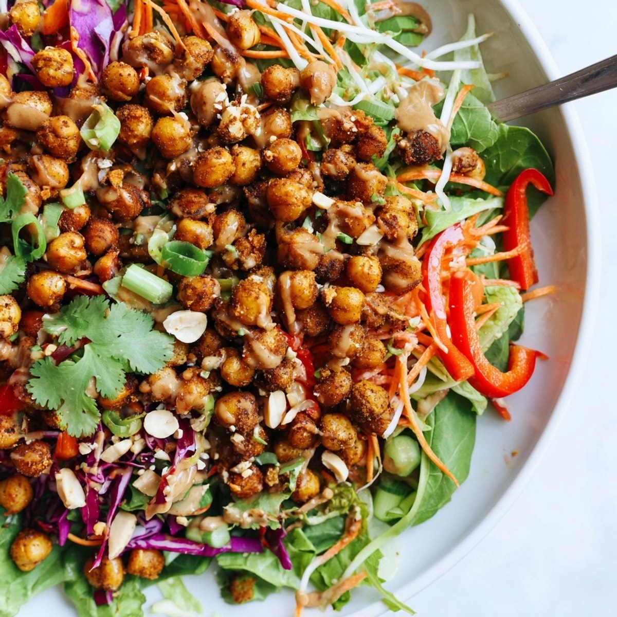 Imagine the savory, nutty flavors of this healthy Thai Peanut Roasted Chickpea Salad.