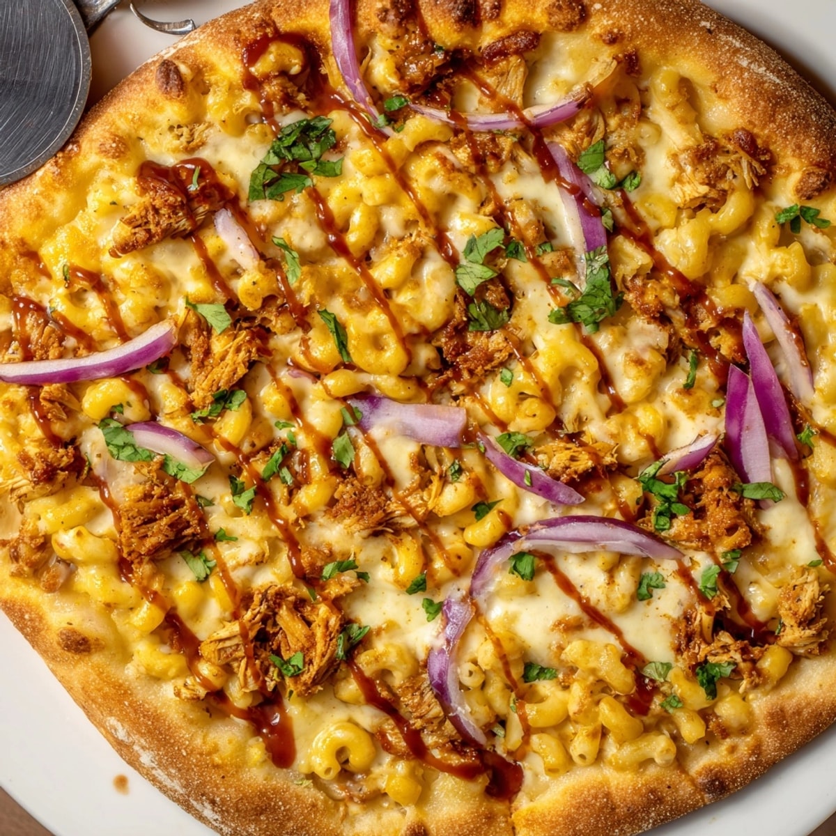 Close-up of gooey Mac and Cheese BBQ Chicken Pizza slice with melted cheese pull.