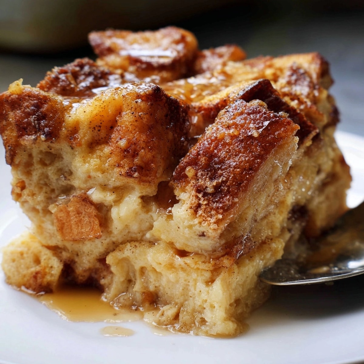 Golden brown Cinnamon Vanilla Bread Pudding, fresh from the oven and ready to serve.