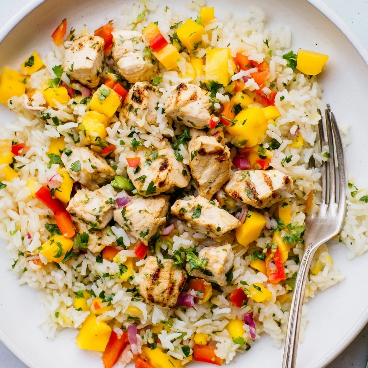 Close-up of vibrant Mango Cilantro Chicken Rice, showcasing mango chunks and fresh herbs.