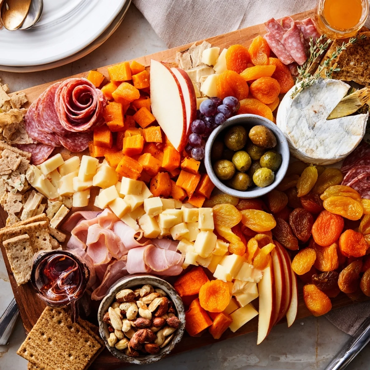 Loaded harvest charcuterie board elegantly arranged with artisanal cheeses and roasted veggies.  