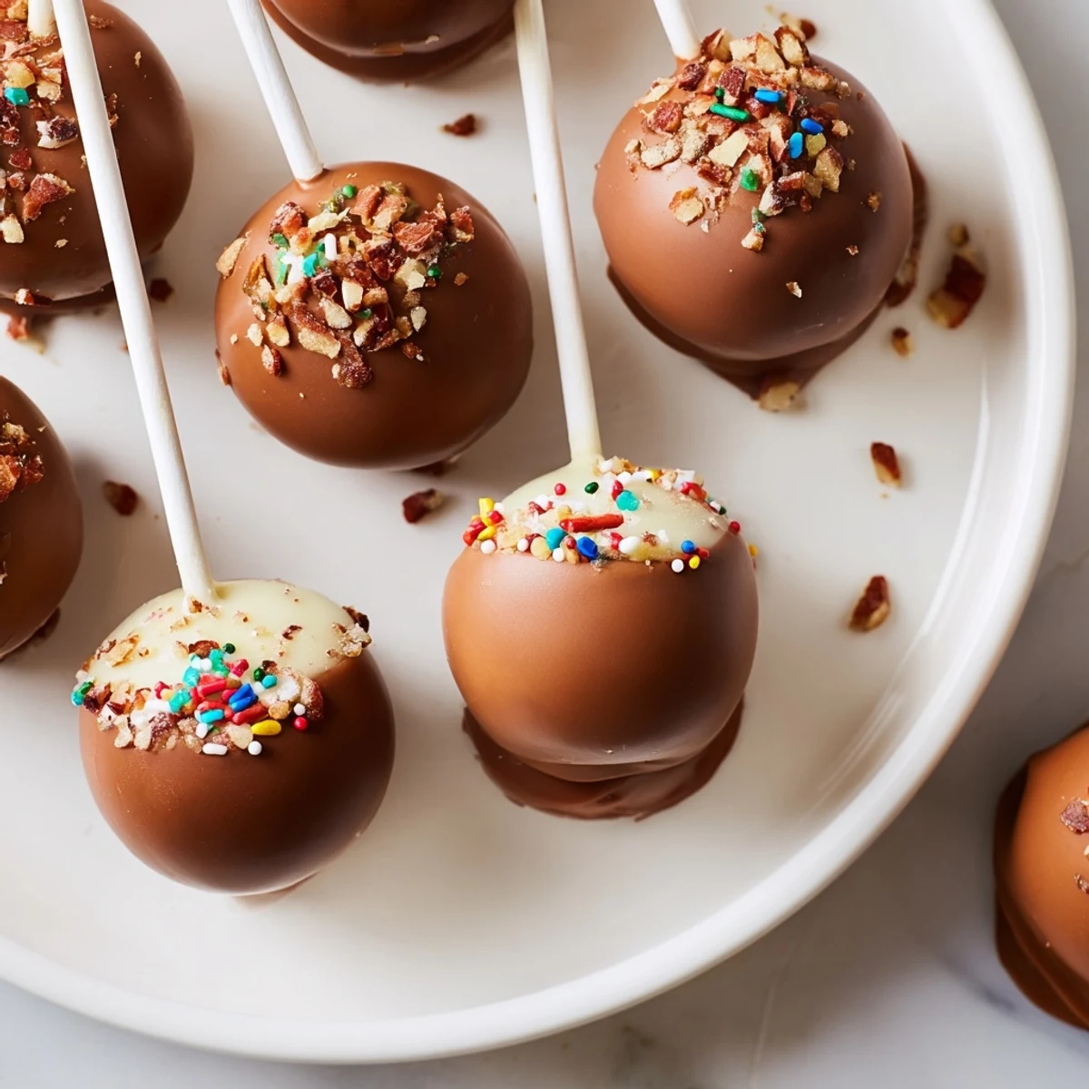 Creamy caramel apple truffle pops, drizzled in chocolate and sprinkled pecans.  