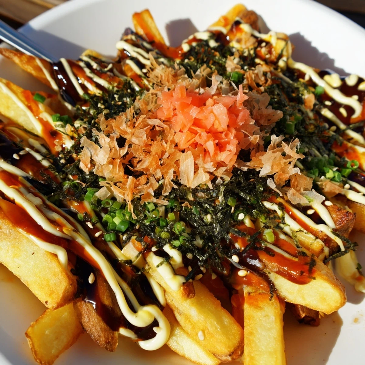Golden, crispy Japanese Okonomiyaki fries topped with savory sauce and vibrant garnishes.  