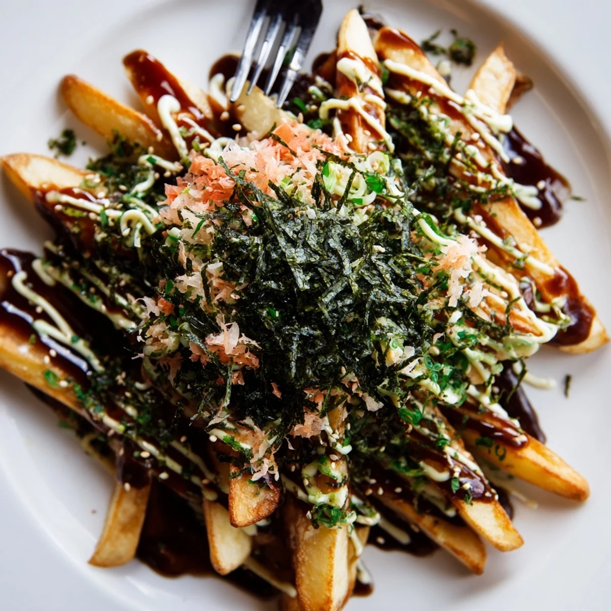 Delicious Japanese Okonomiyaki fries served hot, drizzled with creamy sauce and nori.  