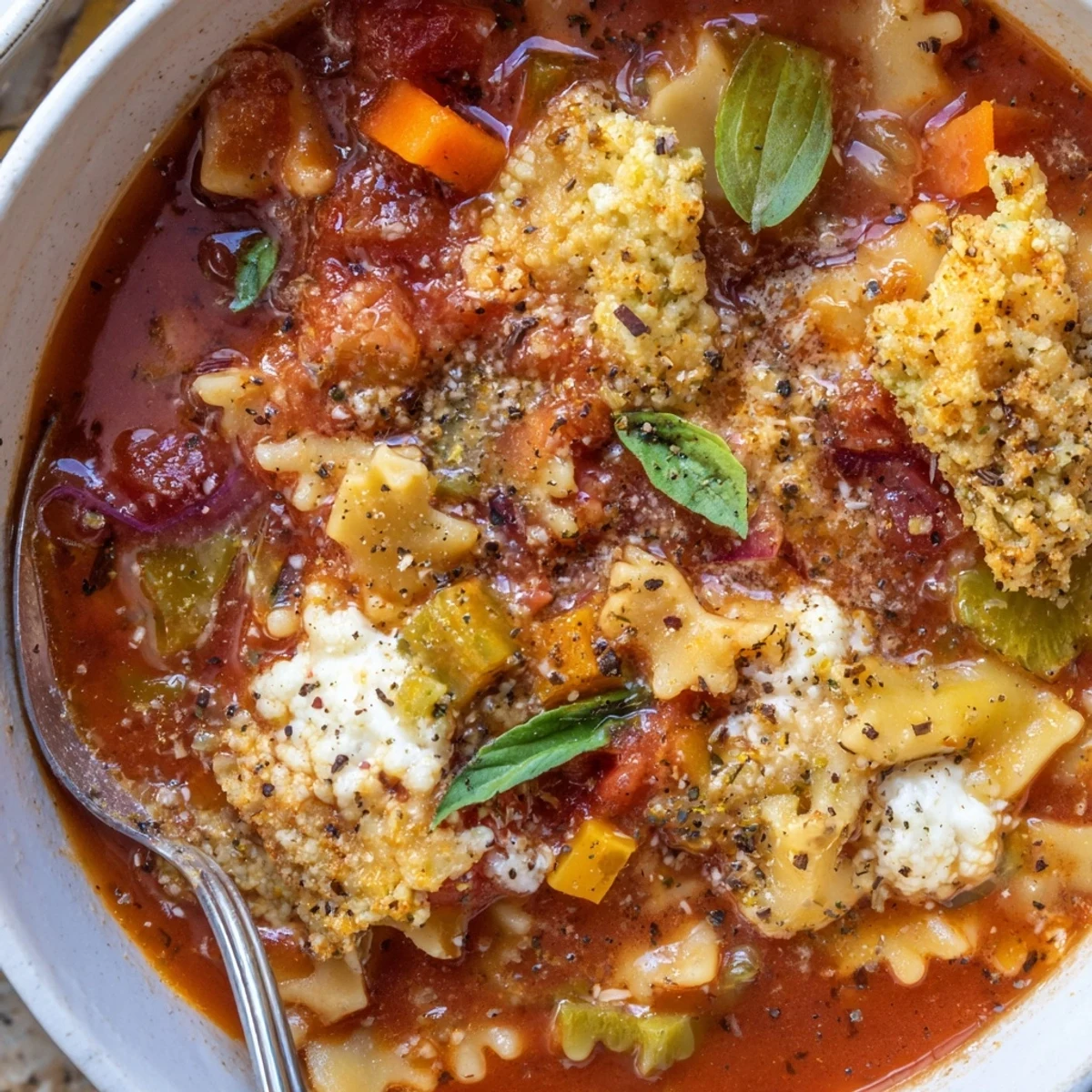 Delicious Lasagne Soup with cheesy cauliflower croutons, perfect for cozy dinners.