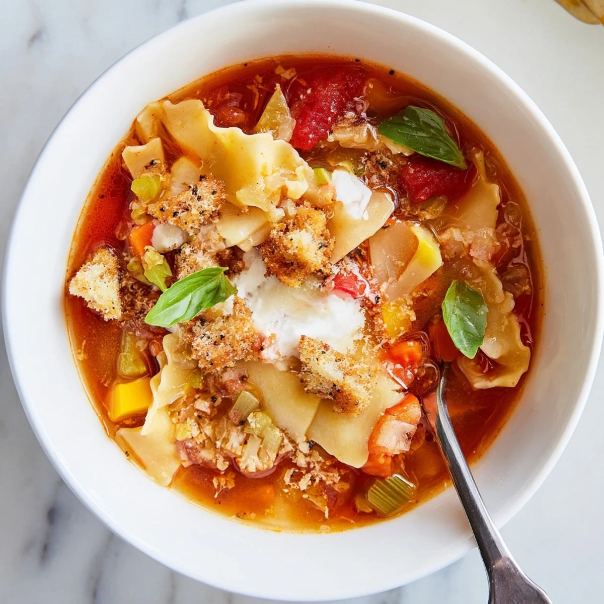 Hearty Lasagne Soup garnished with crispy, golden cauliflower croutons for added crunch.