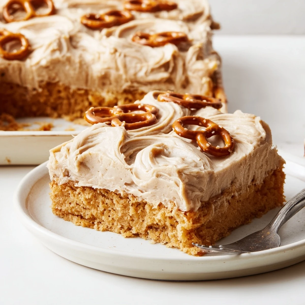 A tantalizing Root Beer Pretzel Cinnamon Sheet Cake garnished with crunchy pretzel bits.  
