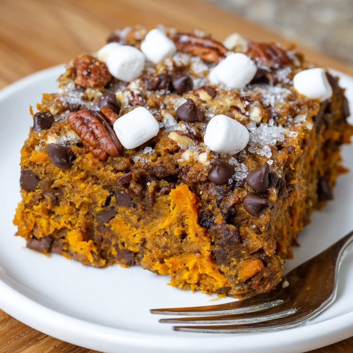 Moist cinnamon sweet potato chaos cake topped with mini marshmallows and chopped nuts.  