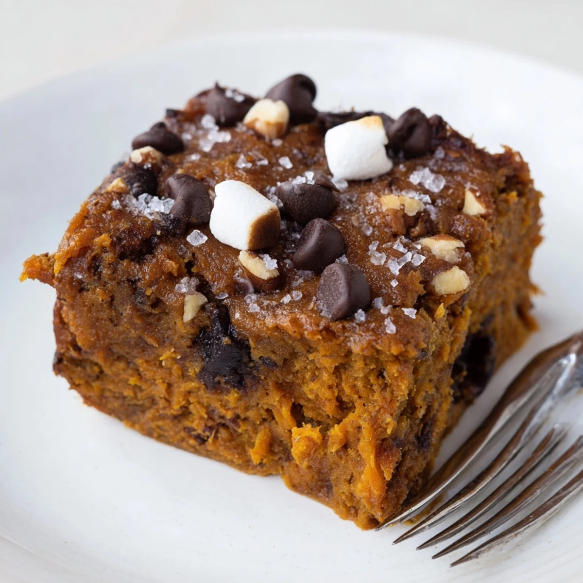 Slice of cinnamon sweet potato chaos cake, drizzled with cream cheese glaze and served warm.