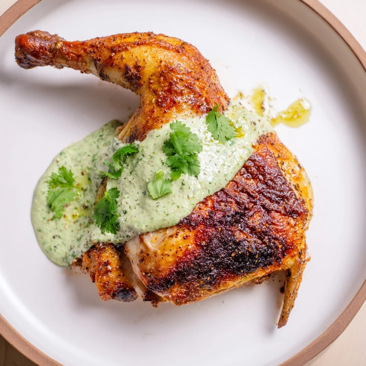 Juicy Peruvian Chicken with creamy green sauce, garnished with fresh cilantro sprigs.  
