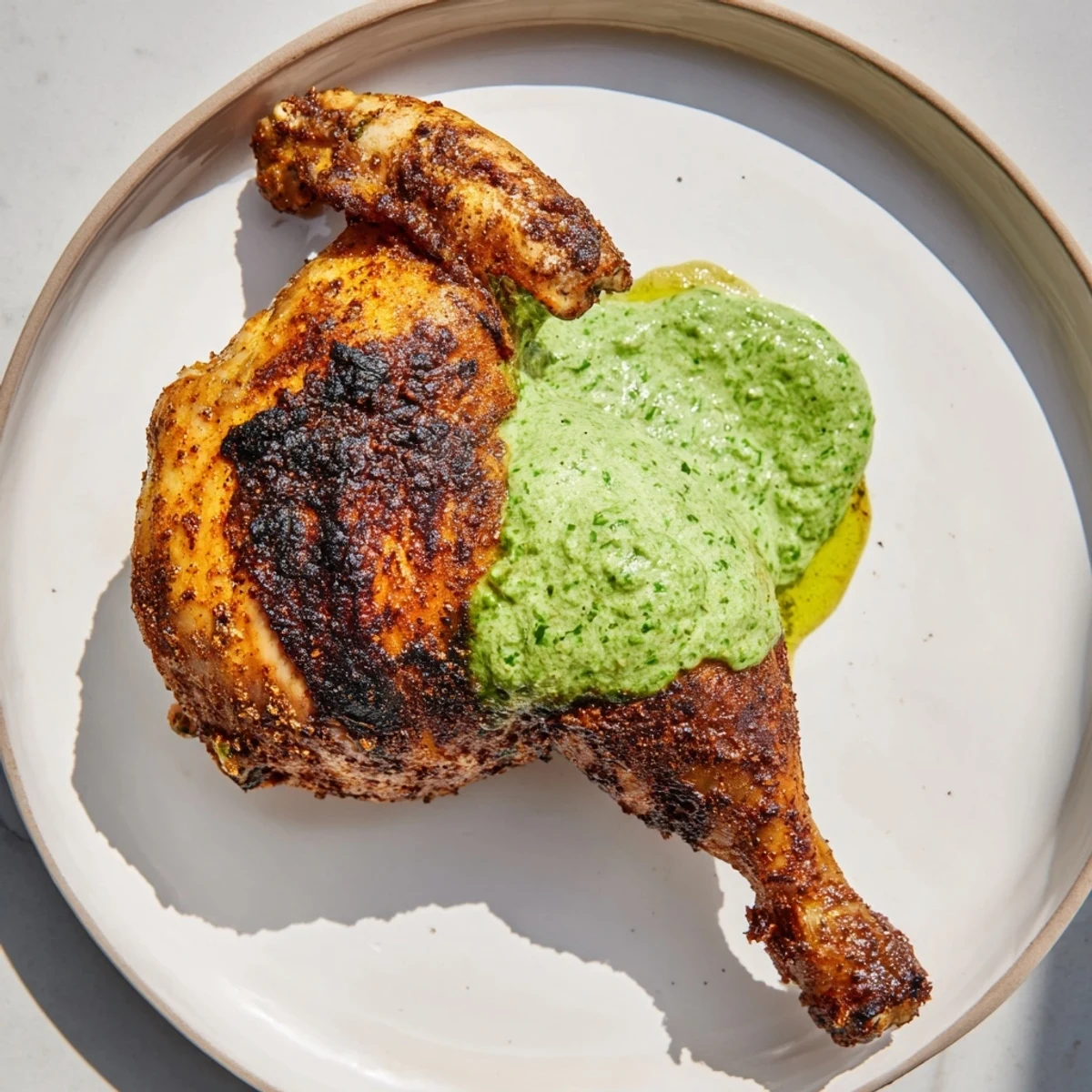 Flavorful marinated Peruvian Chicken paired with herby creamy green sauce on a plate.