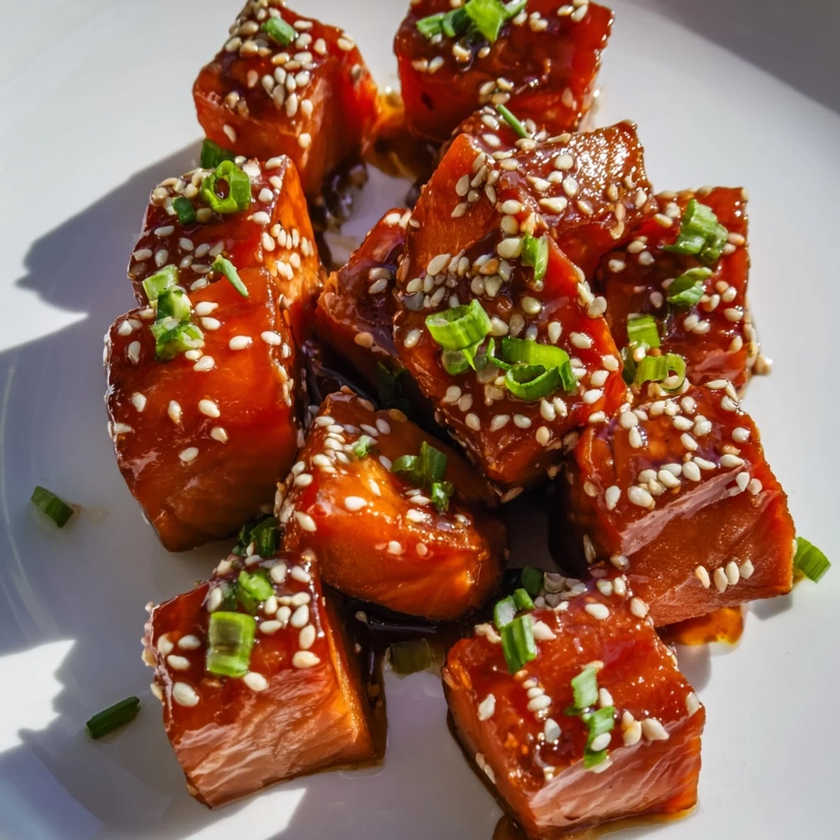 Succulent honey garlic salmon bites glistening in a sweet sauce, ready to serve.  