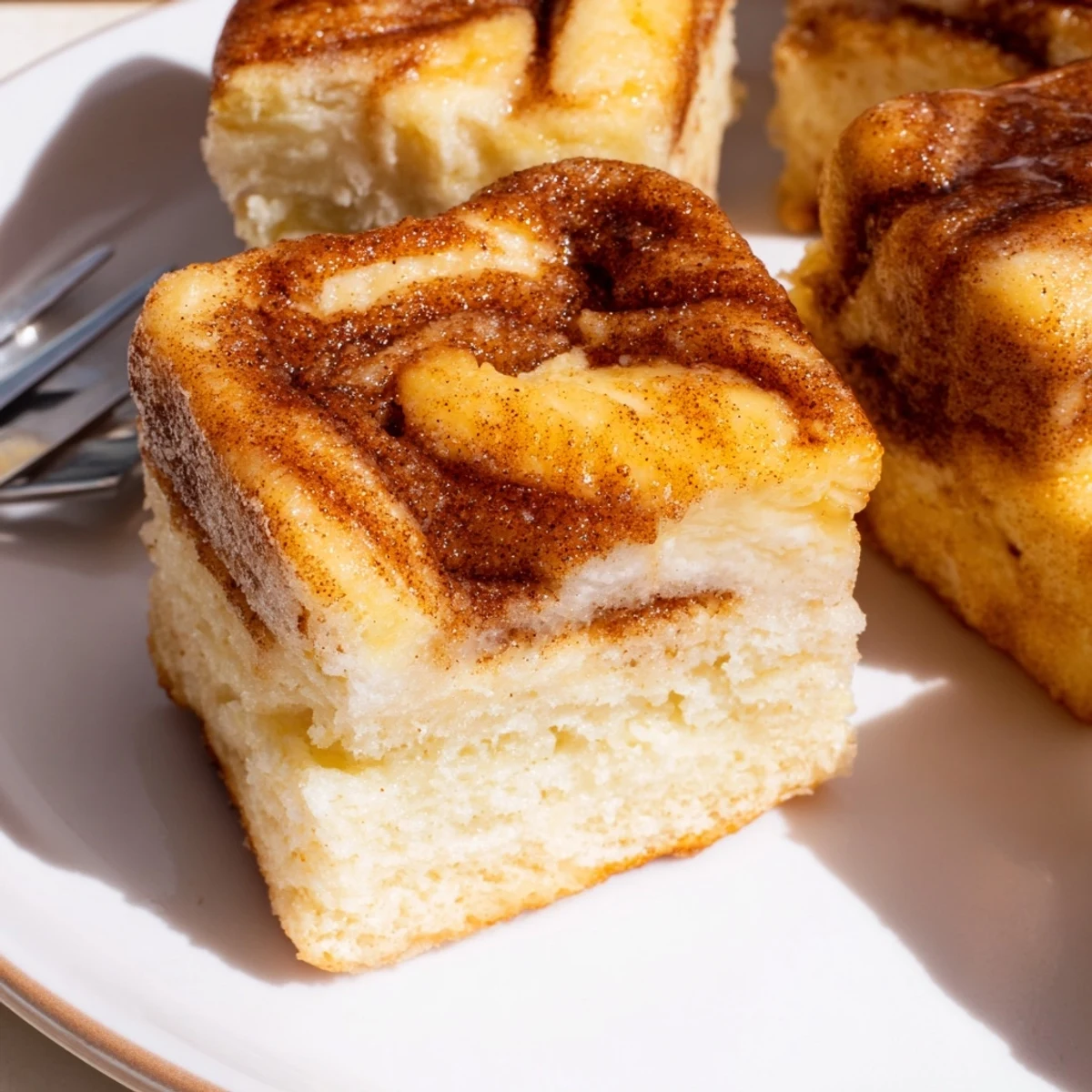 Soft Cream Cheese Churro Muffin Squares topped with cinnamon sugar and buttery glaze.  