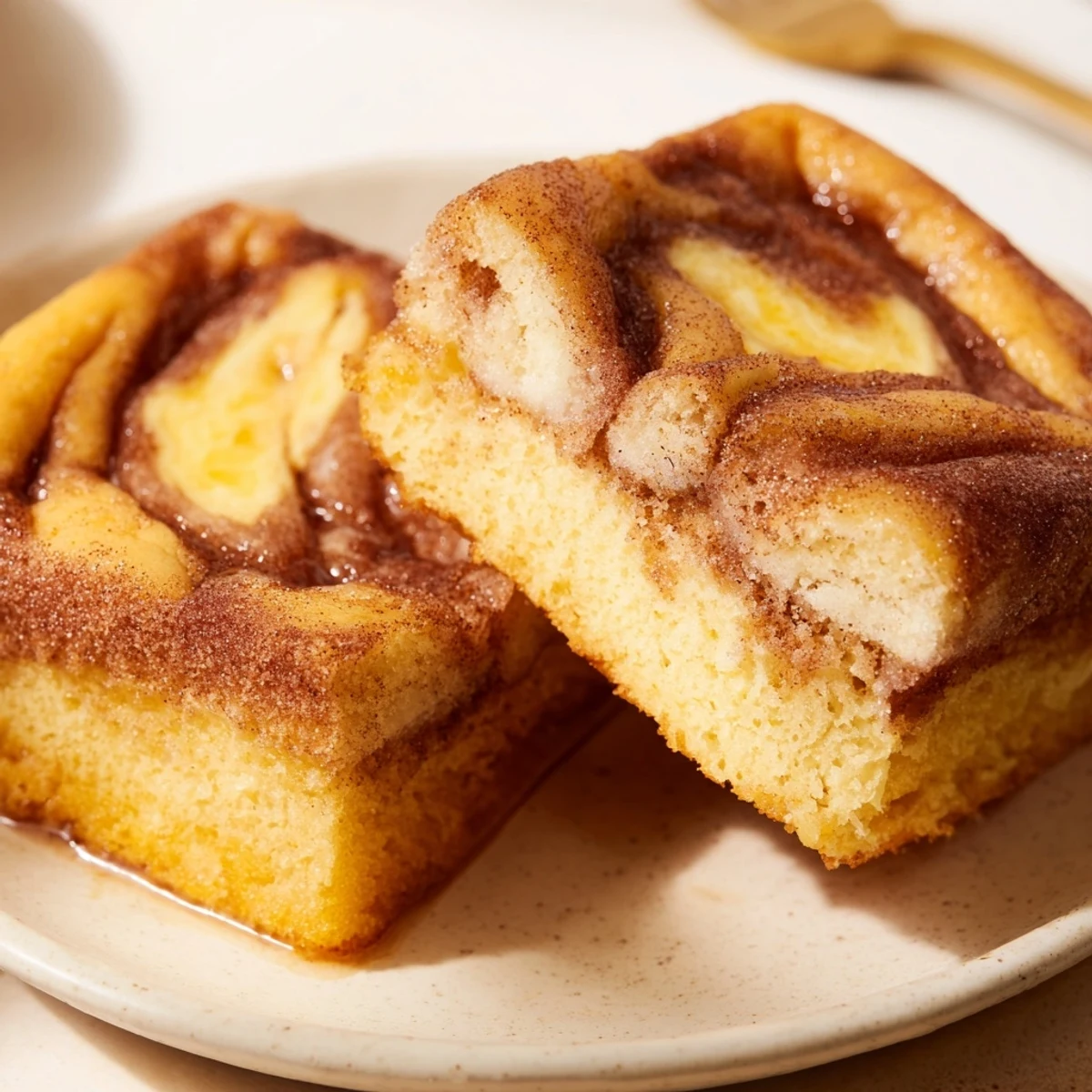 Deliciously swirled Cream Cheese Churro Muffin Squares, warm and perfect for dessert.  