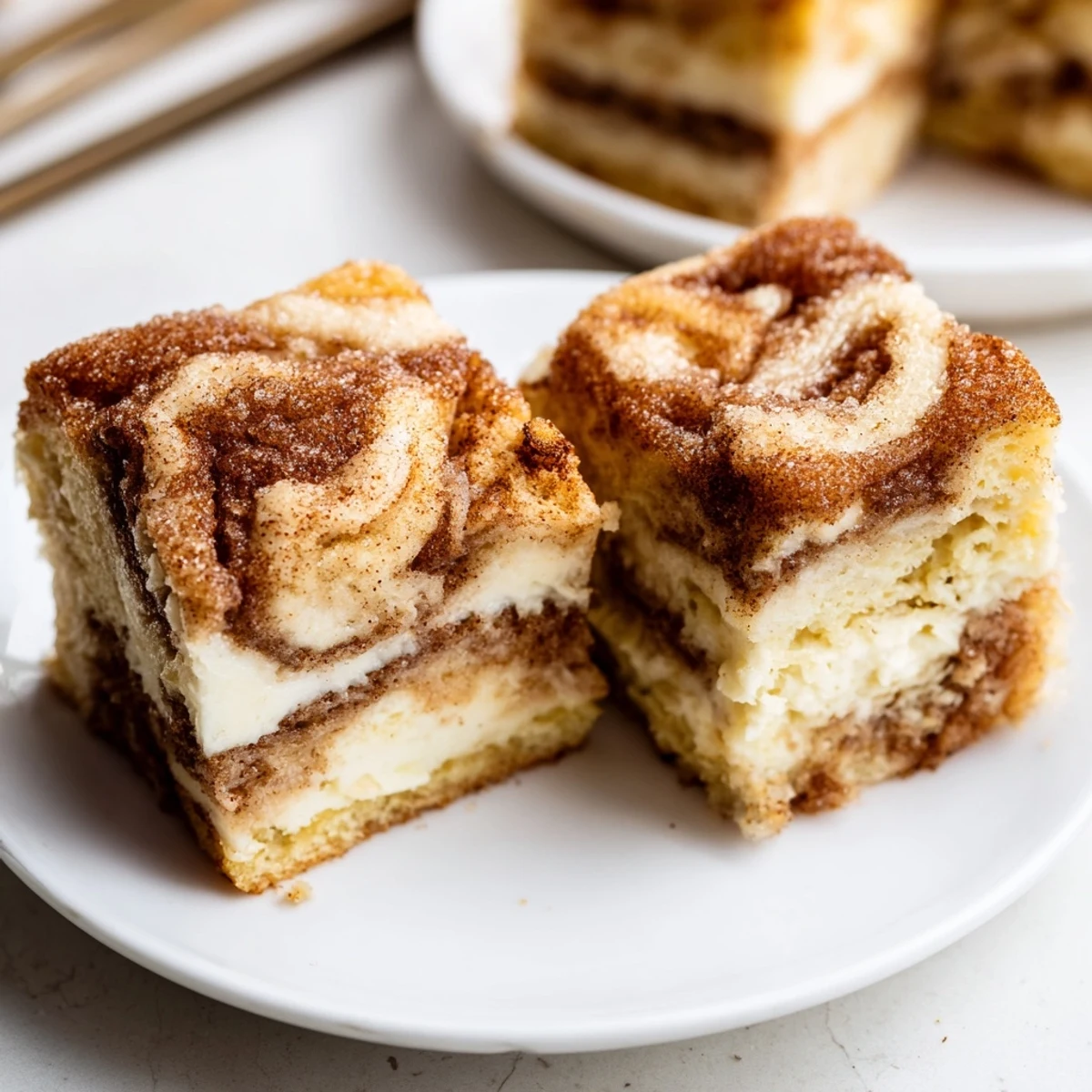 Homemade Cream Cheese Churro Muffin Squares invitingly dusted with sweet cinnamon topping.
