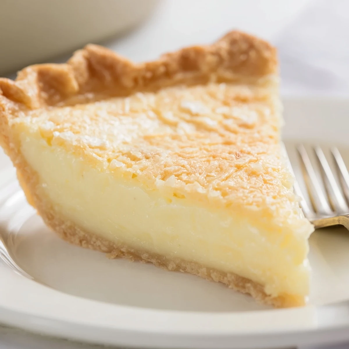 Creamy water pie resting in a golden crust, perfect for nostalgic dessert lovers.  