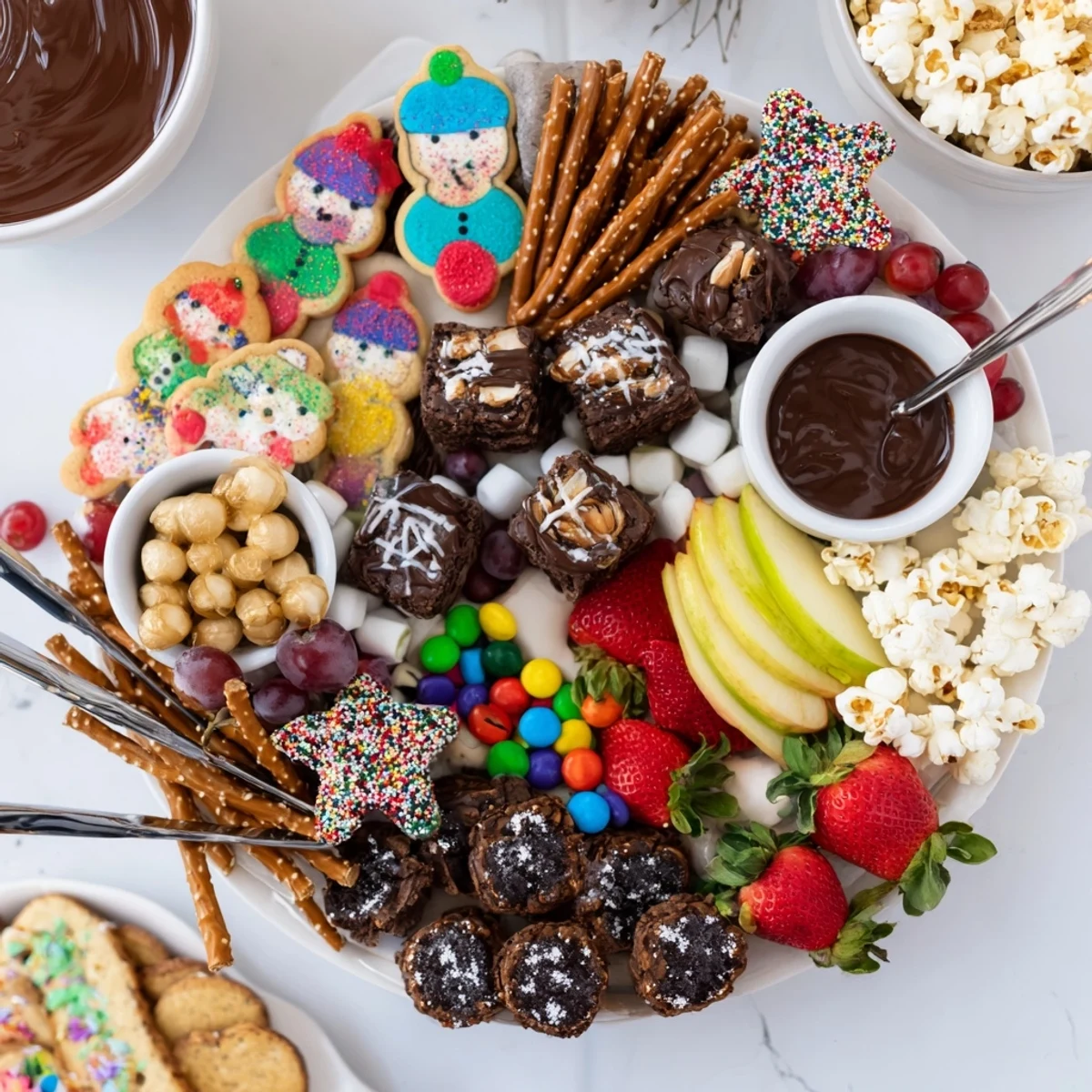 A colorful dessert board with themed snacks and sweet treats for festive gatherings.  