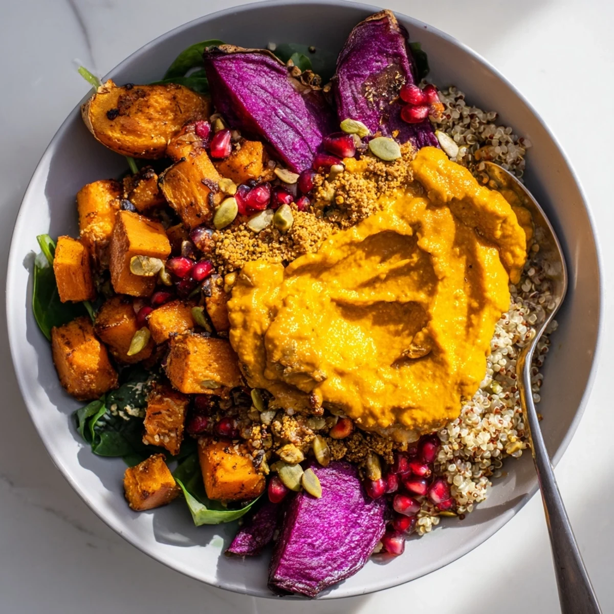 Cozy spiced winter bowls loaded with roasted vegetables and creamy ube-coconut purée.  