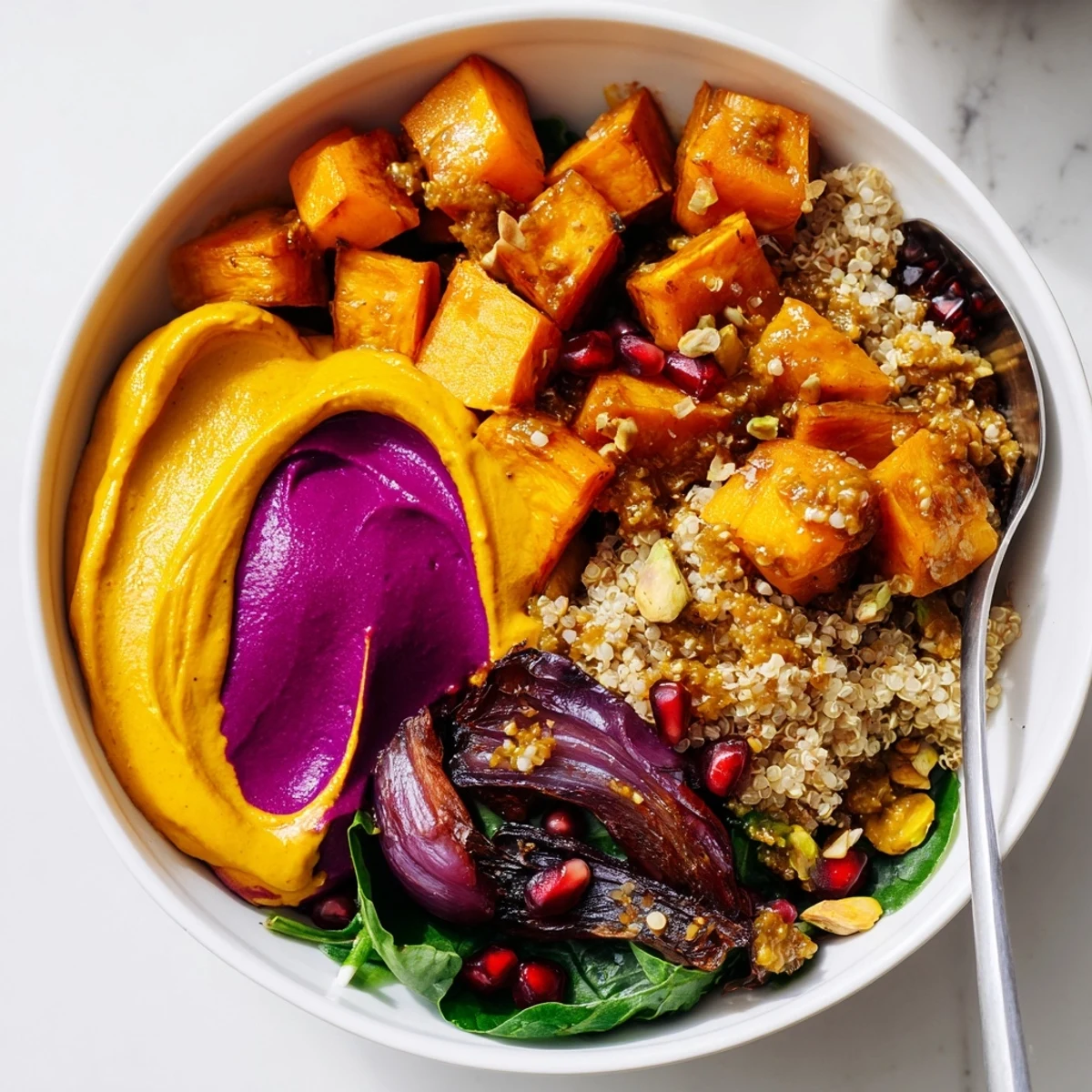 Colorful roasted winter vegetable bowls topped with crunchy pistachio-maple crumble for added texture.  