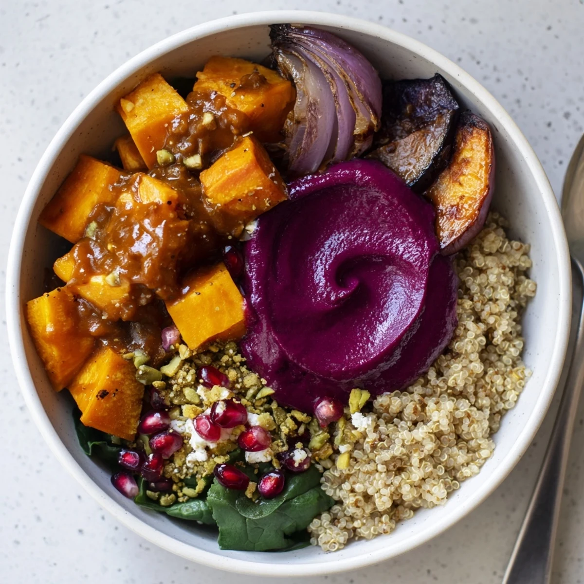 Nutrient-rich spiced winter bowls featuring vibrant veggies and fresh pomegranate seeds for zest.
