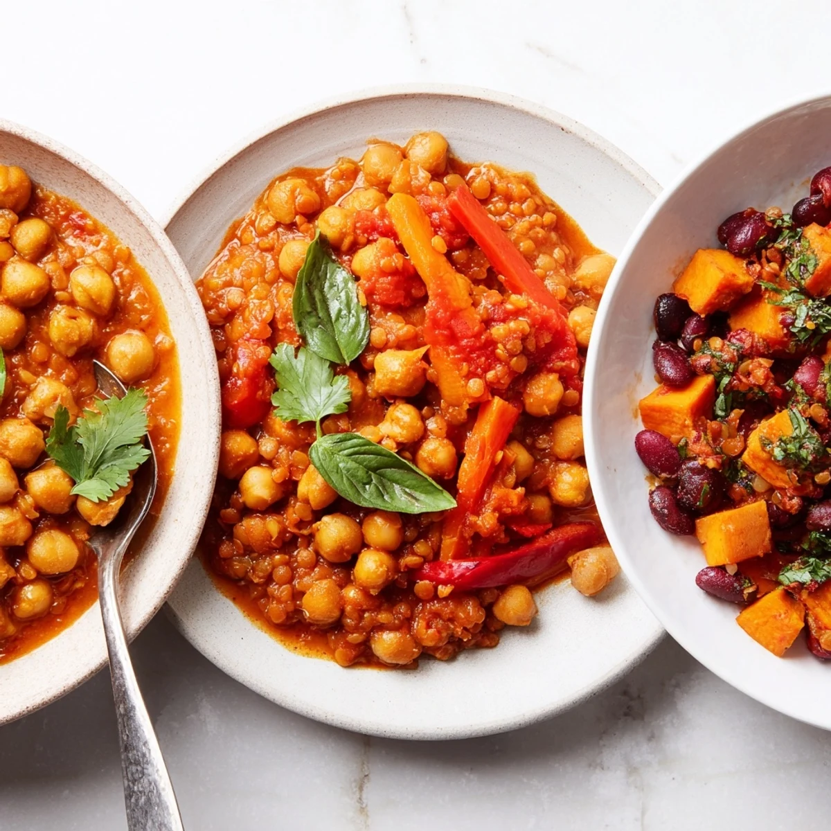 Colorful single-pan global curries showcasing Indian, Thai, and Caribbean flavors.  