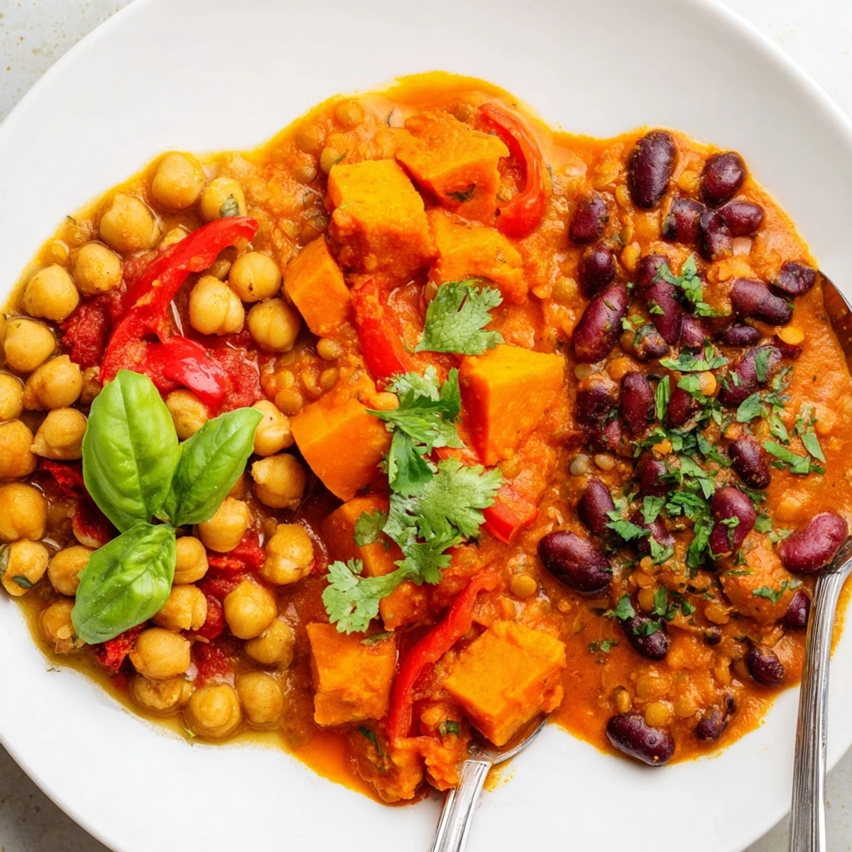 Aromatic Thai Red Lentil Curry with coconut milk and vibrant vegetables in a bowl.
