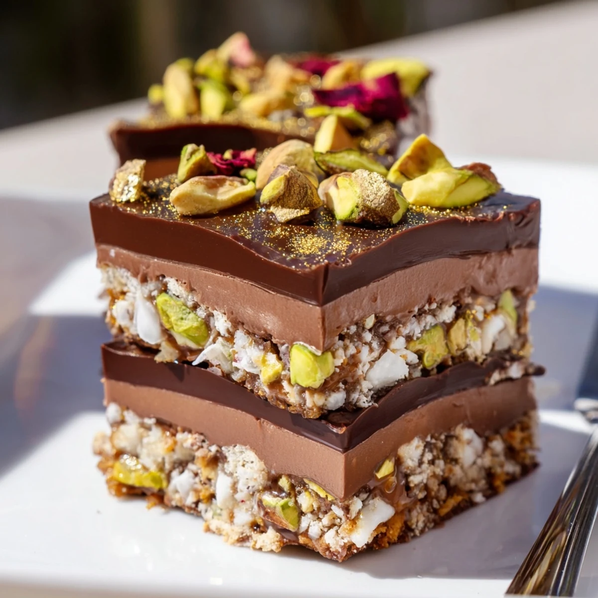 Decadent chocolate bar inspired creations topped with spiced date caramel and nuts  