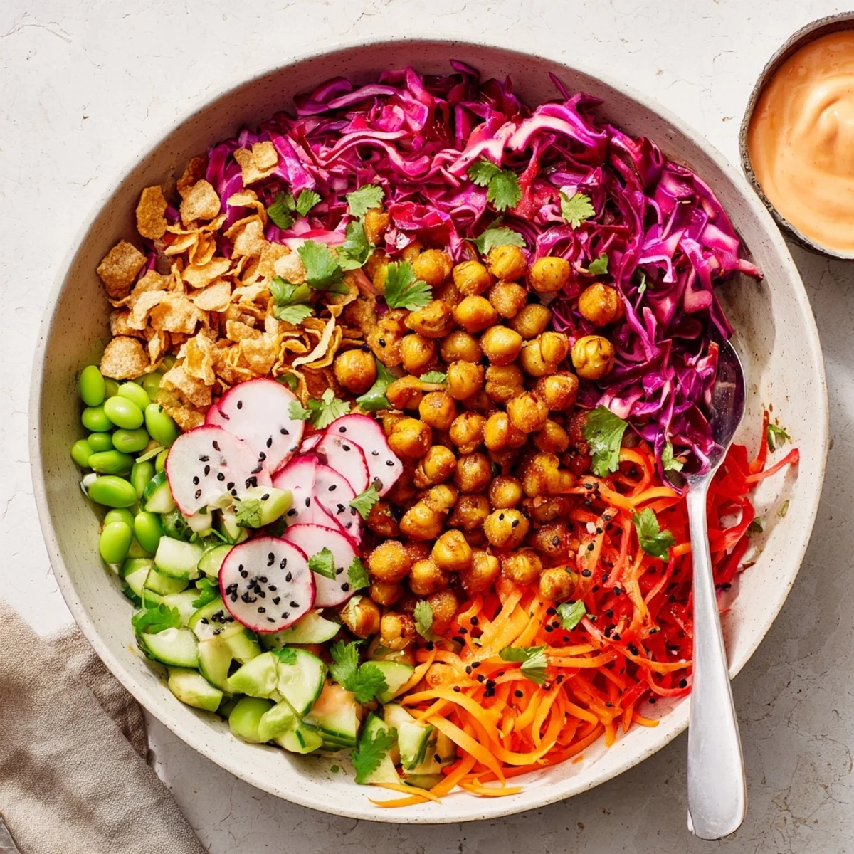 Colorful ASMR Crunch Snack Bowls filled with fresh veggies and crunchy toppings.  