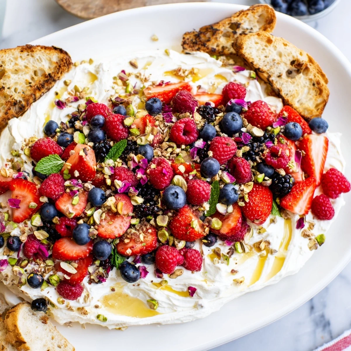 A colorful Butter Board Dessert Version topped with fresh berries and nuts.  