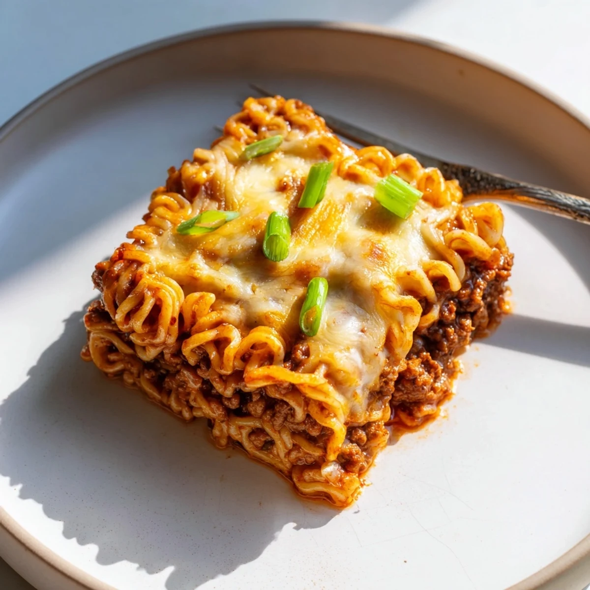 Delicious Spicy Ramen Lasagna baked until bubbly, showcasing rich flavors and textures.  