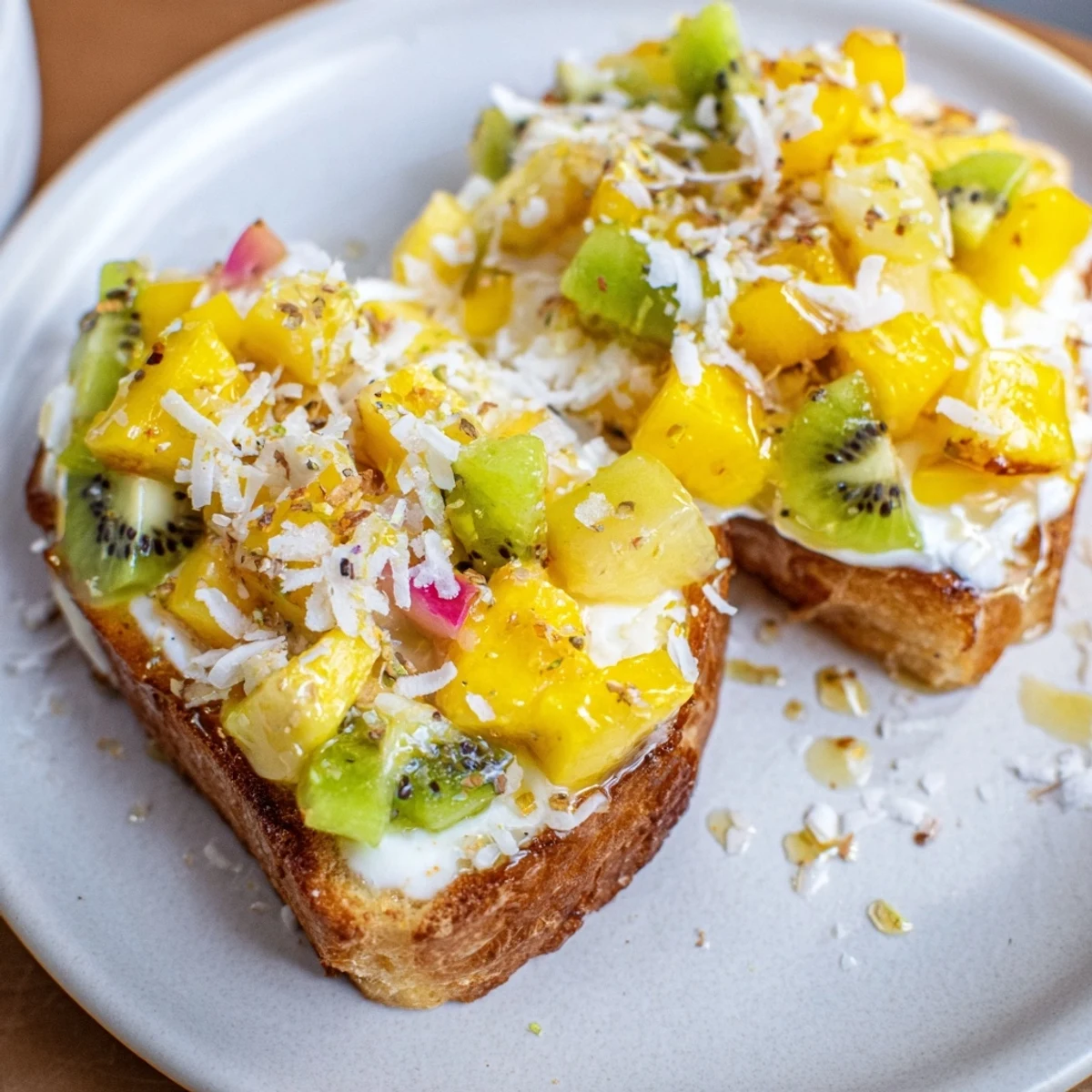 Creamy yogurt-custard toast topped with fresh tropical fruits for a delightful breakfast.  