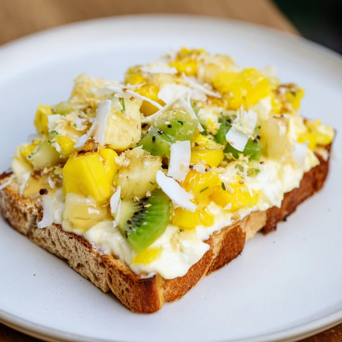 Indulgent yogurt-custard toast drizzled with honey and sprinkled with shredded coconut.