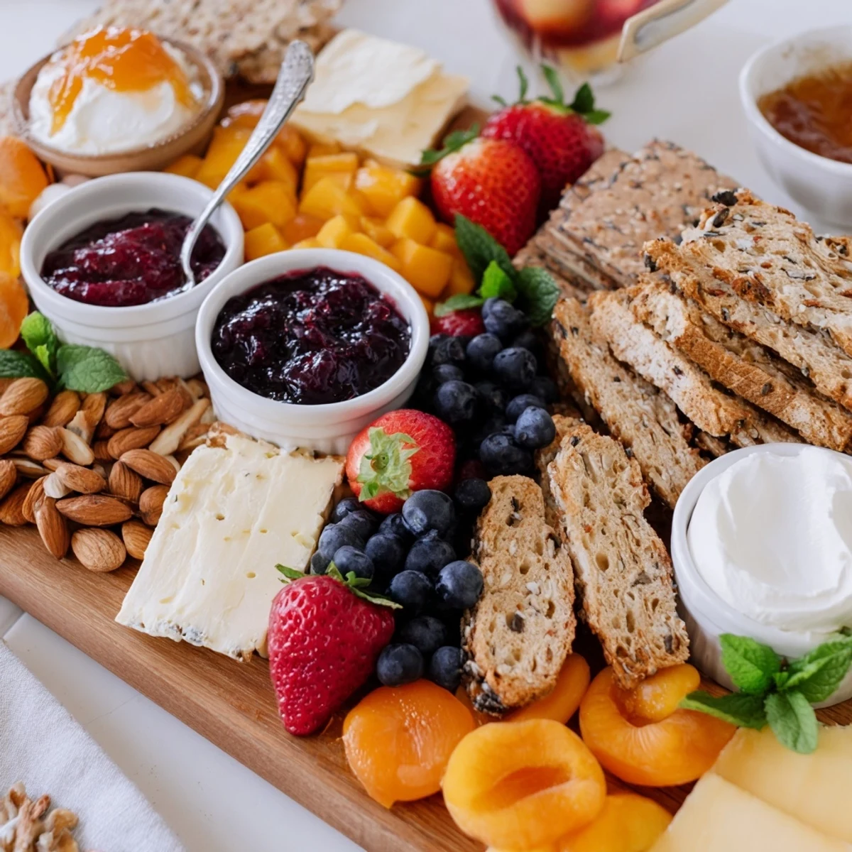 A colorful jam-infused brunch board loaded with fresh fruits and cheeses.  