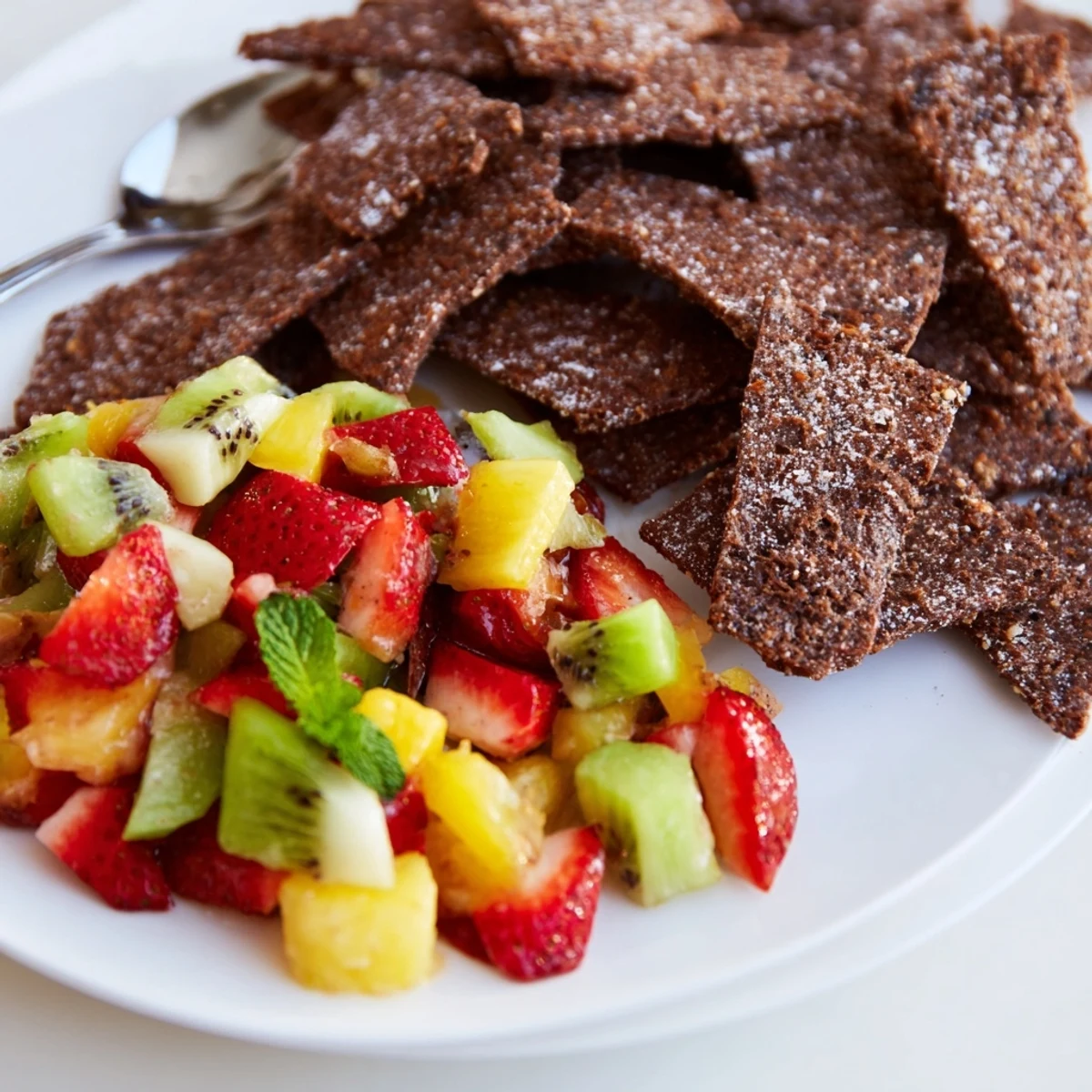 Crispy chocolate tortilla chips paired with fresh fruit salsa for dessert delight.  