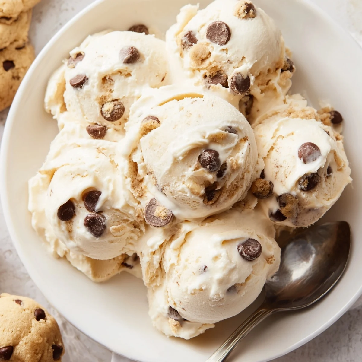 Indulge in this cottage cheese ice cream topped with rich chocolate chip cookie dough.  