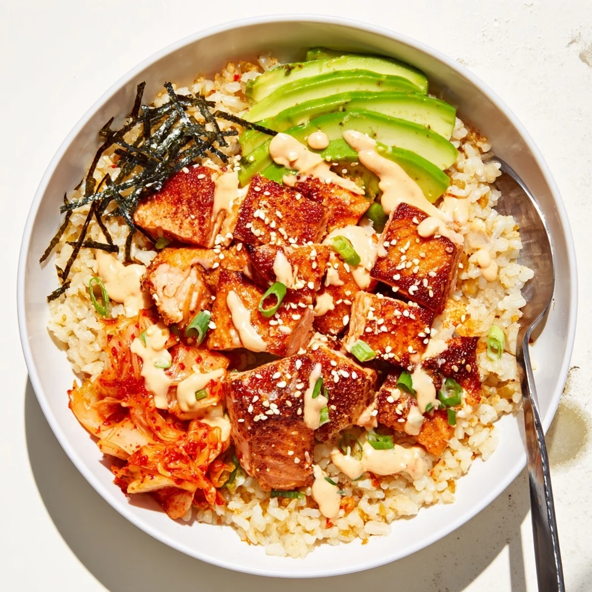 Crispy Salmon Rice Bowl topped with spicy mayo, kimchi, and fresh vegetables.  