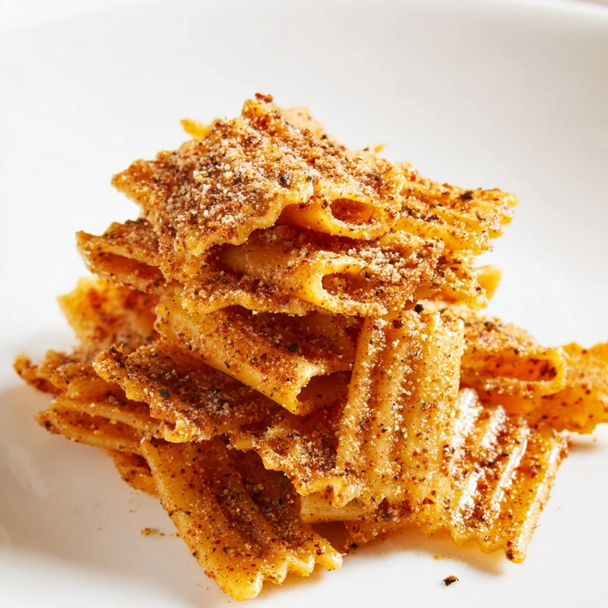 Golden baked pasta chips tossed in spices, a delightful crunch for every bite.  