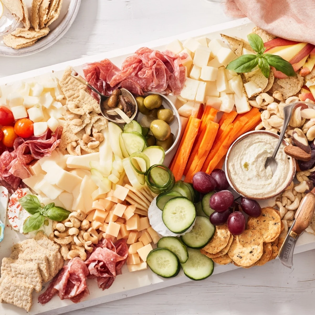 A vibrant Girl Dinner Platter filled with cheeses, fruits, and delicious dips.  